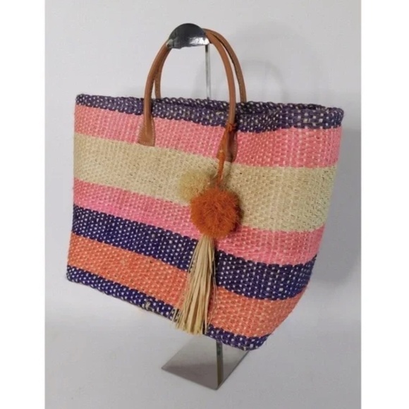 NWT! ANTHROPOLOGIE Pomaria Tassel Tote Straw Colorful Beach Pool Resort Vacation - Picture 5 of 15